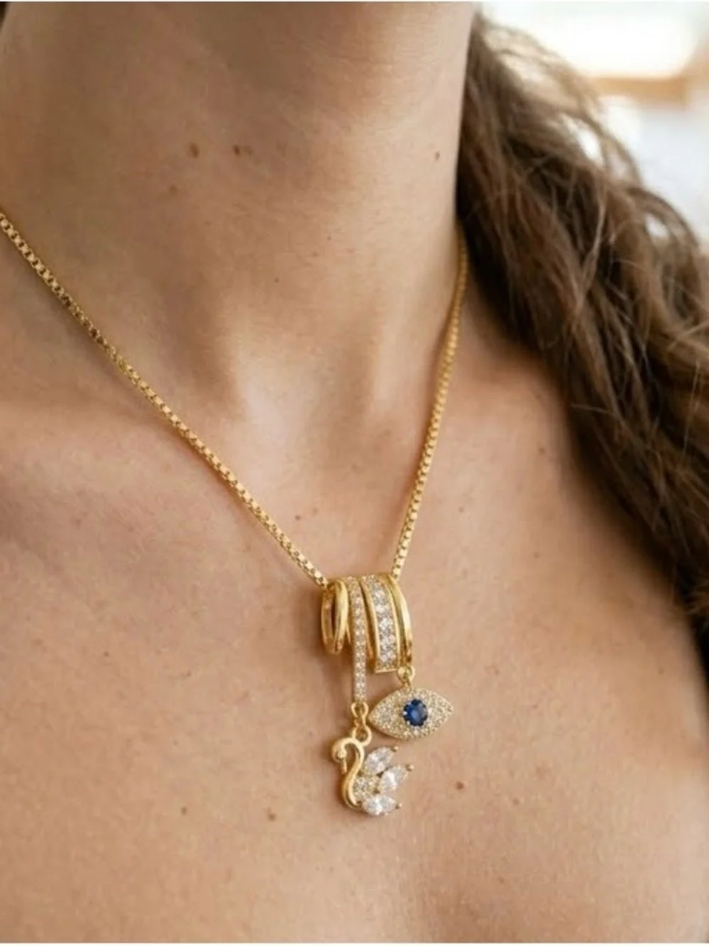 Adina Eden Gold Swan & Evil Eye Pendant Necklace With 18 Inch Chain - Picture 3 of 6
